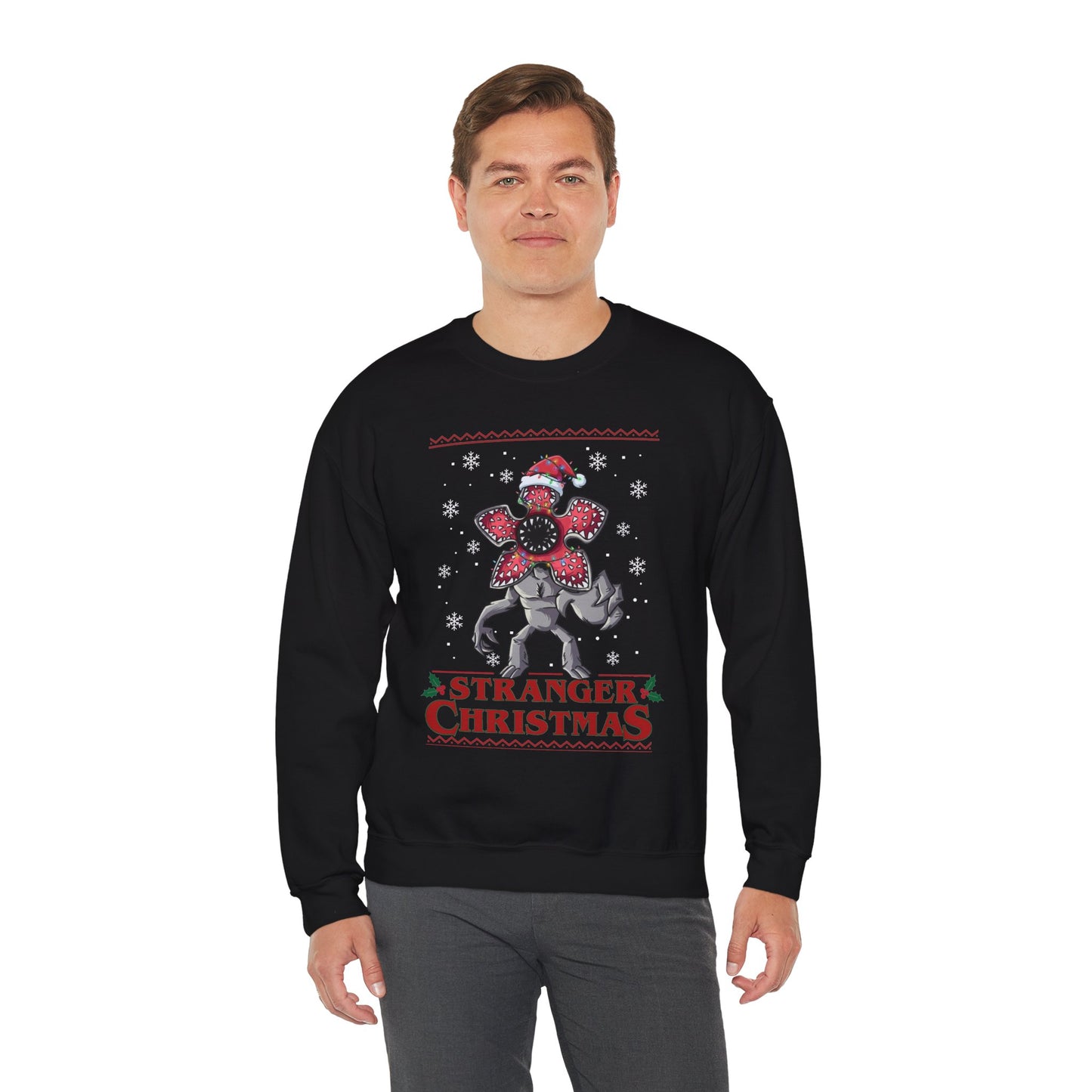 Stranger Christmas Crewneck Sweatshirt — Retro Holiday Stranger Things Demogorgon Design, Ugly Sweater