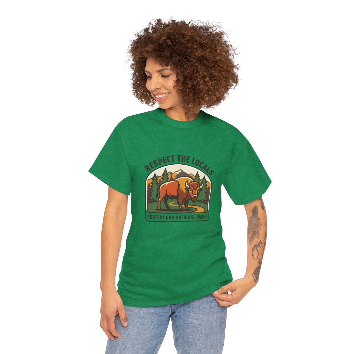 Respect the Locals Bison patch T-shirt by Printify featuring a bison graphic, perfect for hiking and camping enthusiasts.