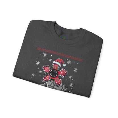 Stranger Christmas Crewneck Sweatshirt — Retro Holiday Stranger Things Demogorgon Design, Ugly Sweater