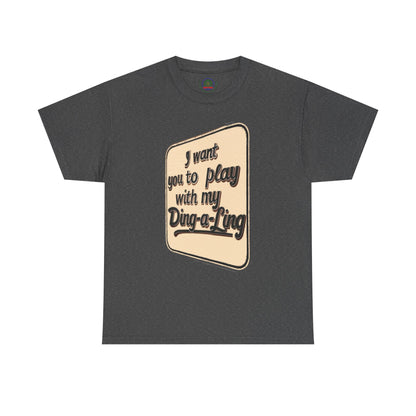 Retro graphic T-shirt by Printify featuring Chuck Berry's "I Want You to Play with My Ding-a-Ling" slogan and humorous design.