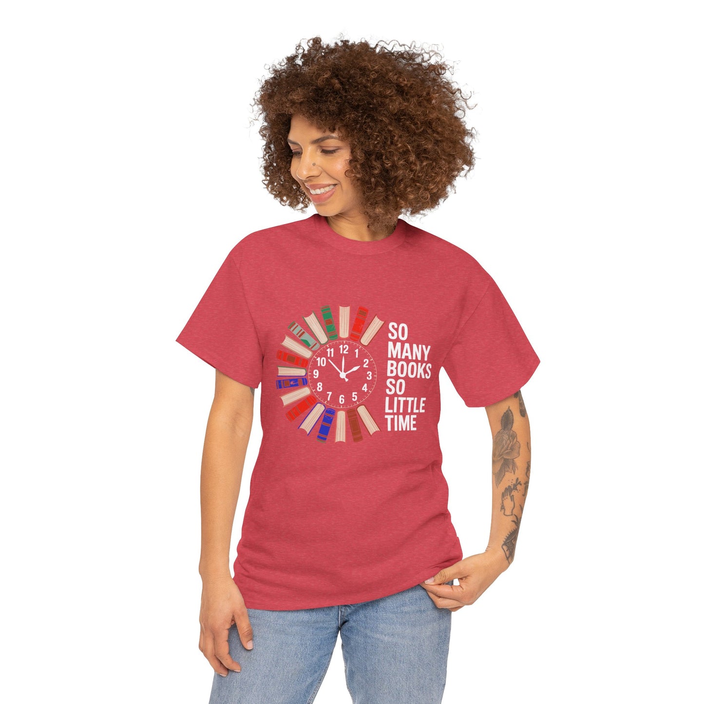 Blue T-shirt with a reading clock design and "So Many Books So Little Time" text, perfect for book lovers and reading enthusiasts.