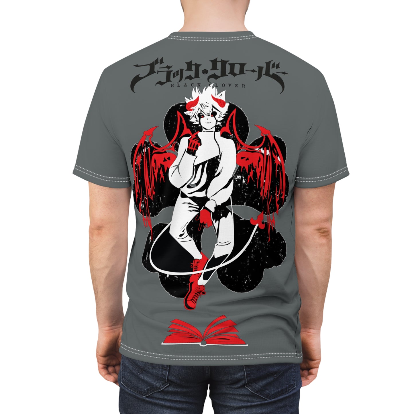 Black Clover Asta demon print unisex T-shirt featuring all-over manga-themed design, Japanese anime style, by Printify.