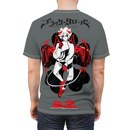 Black Clover Asta demon print unisex T-shirt featuring all-over manga-themed design, Japanese anime style, by Printify.