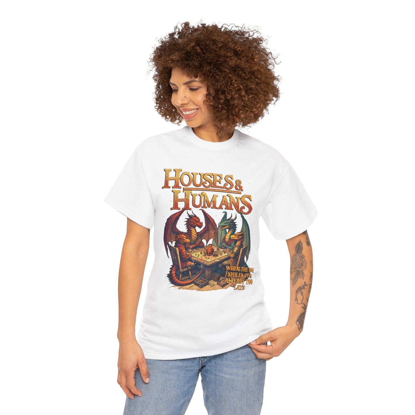 Gray Houses and Humans role-playing T-shirt featuring graphic design, perfect for RPG and TCG fans.