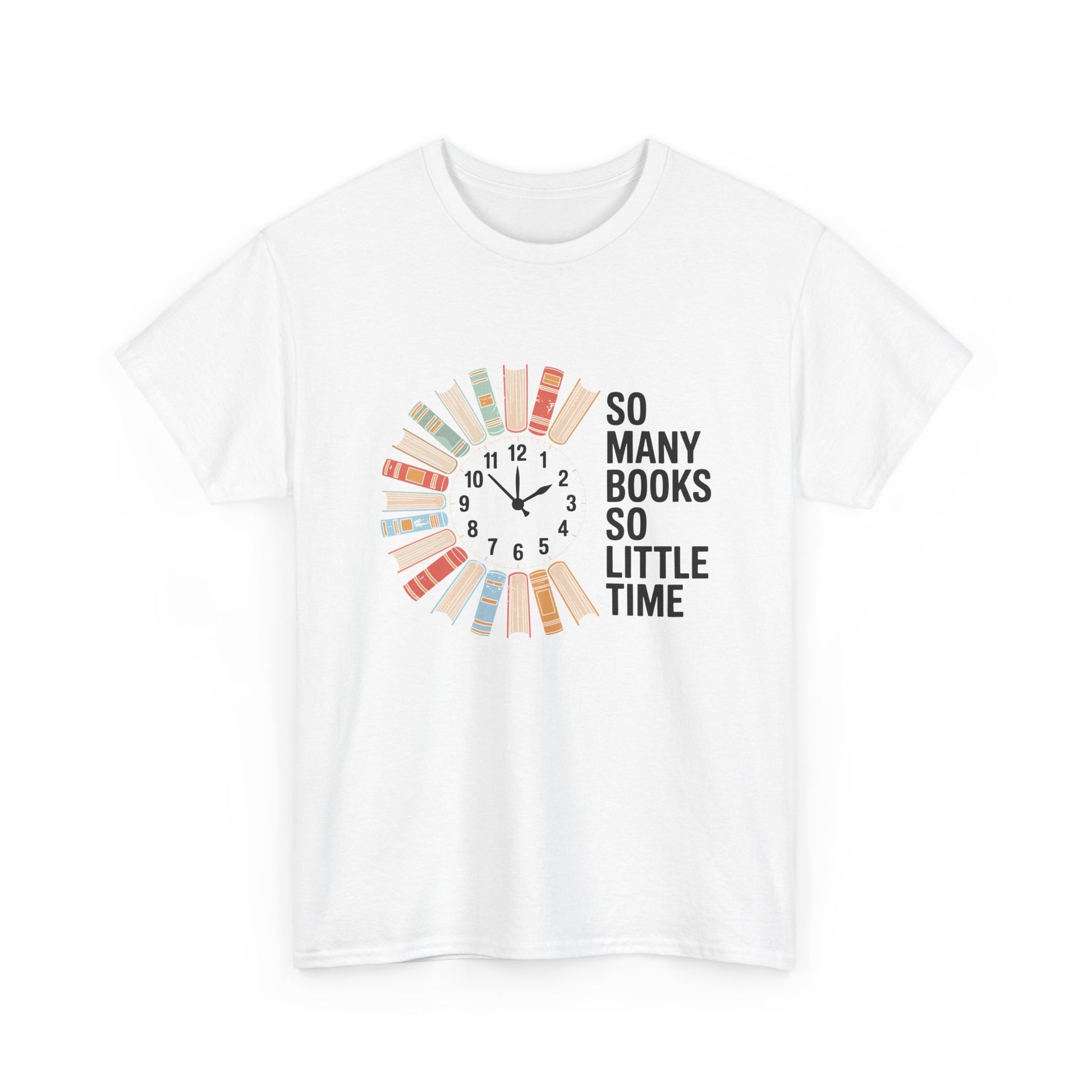 Gray T-shirt with "So Many Books So Little Time" and a clock design for book lovers, perfect as a bookish gift.