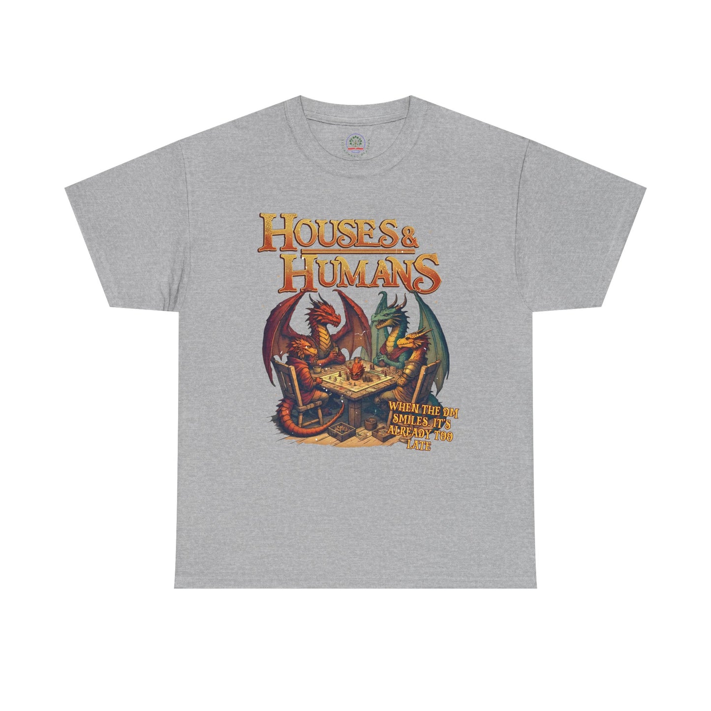 Houses and Humans Role-Playing Tee, a graphic T-shirt featuring fantasy-themed house and human characters for RPG fans.
