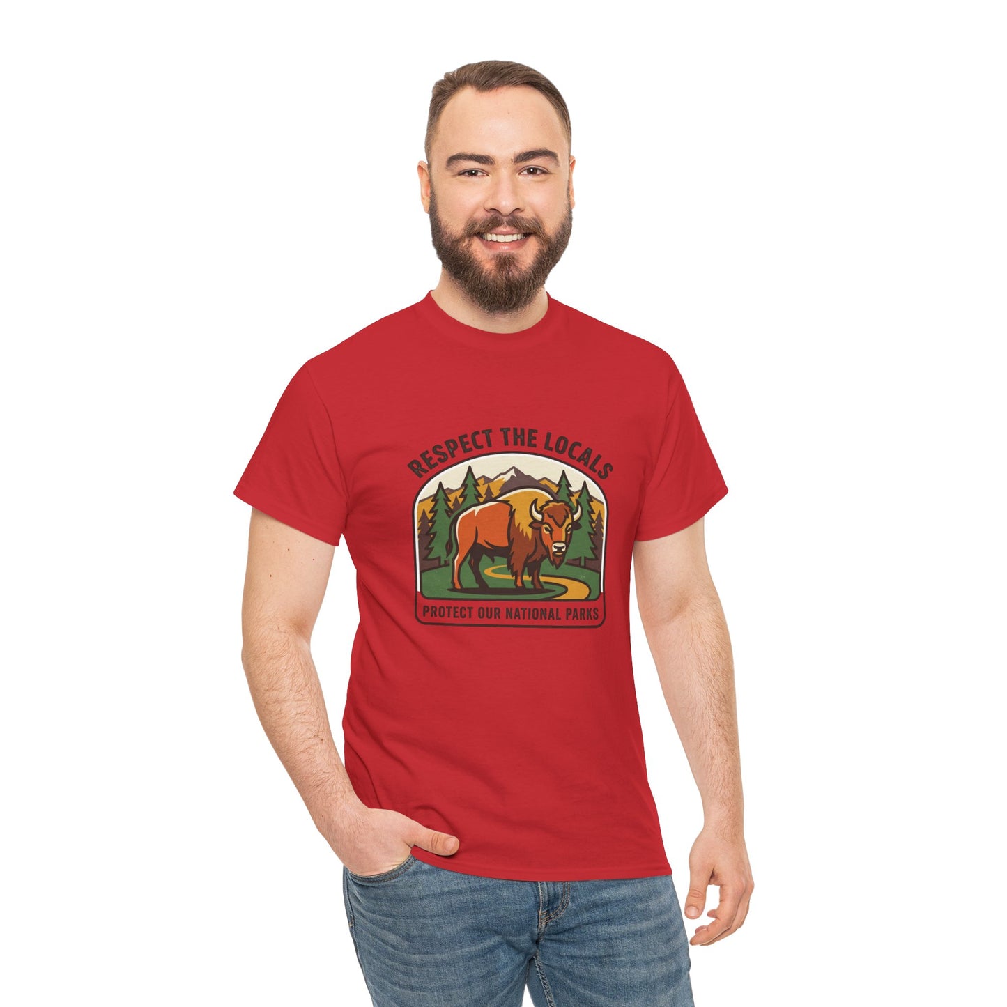 Respect the Locals Bison Patch T-Shirt featuring a bison graphic, ideal for hiking and camping enthusiasts who love national parks.