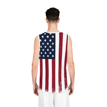 American flag basketball jersey tank top with USA all-over print, featuring vibrant red, white, and blue patriotic design.