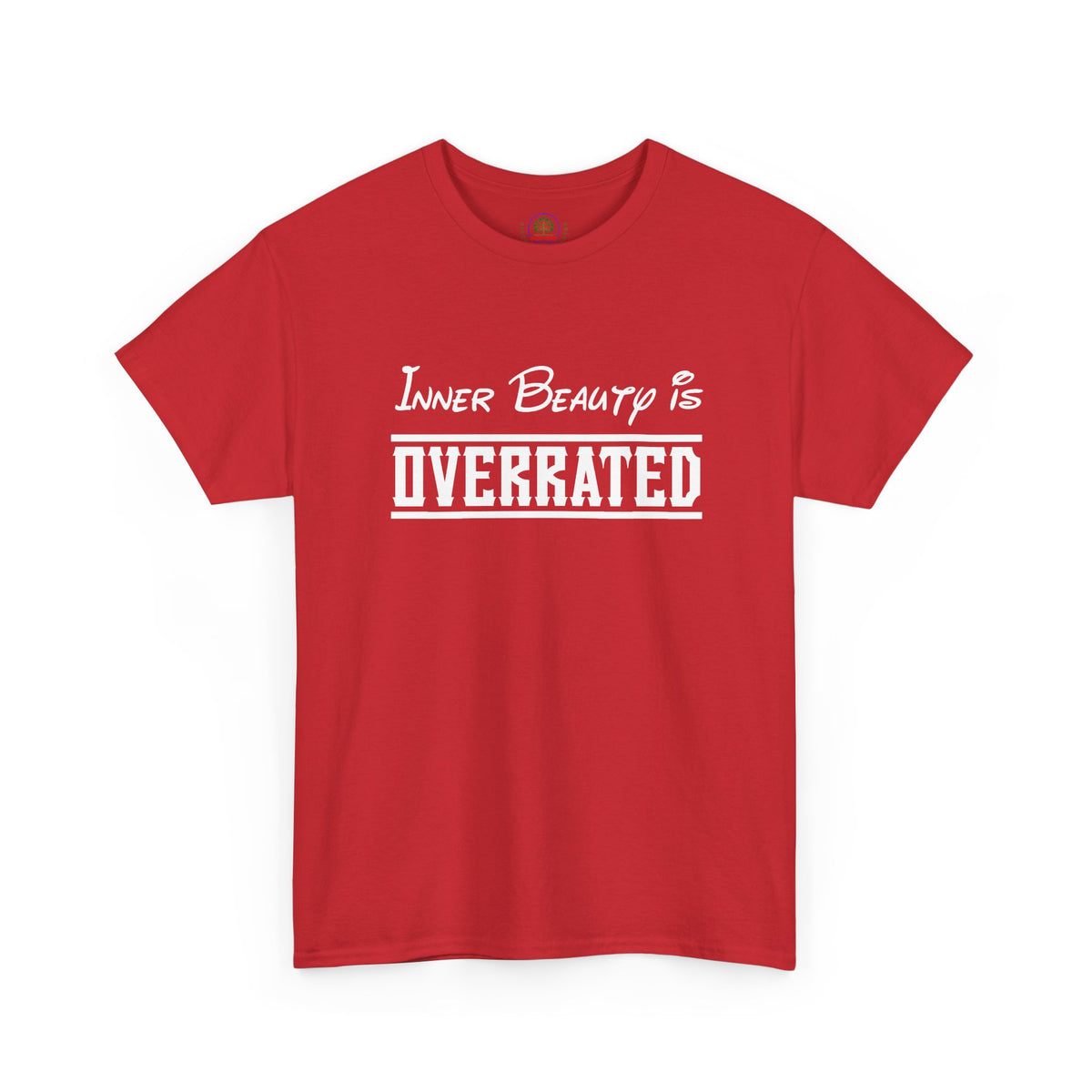 Unisex black graphic T-shirt featuring "Inner Beauty Is Overrated" sarcastic text, from Printify, displayed on a plain background.