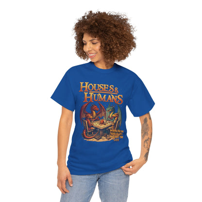 Houses and Humans Role-Playing T-Shirt featuring RPG and MTG-inspired design, casual geek gift tee with colorful artwork.
