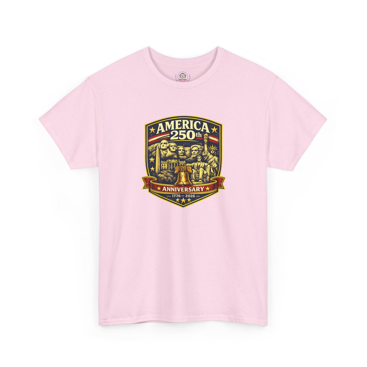 America 250th Anniversary patriotic T-shirt by Printify featuring a badge design celebrating USA's 250th anniversary.