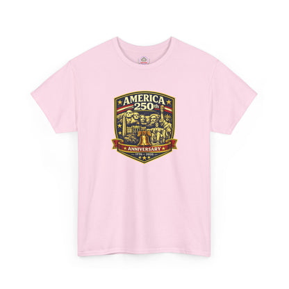 America 250th Anniversary patriotic T-shirt by Printify featuring a badge design celebrating USA's 250th anniversary.