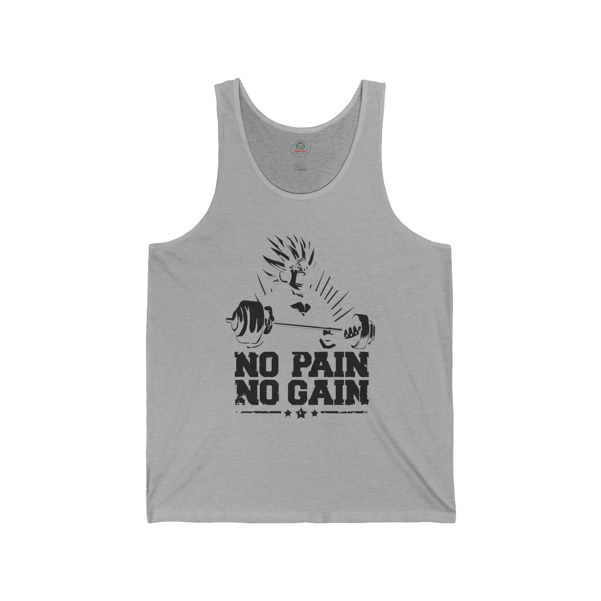 No Pain No Gain Super Saiyan anime gym tank top featuring muscular design and bold print, ideal for workout and fitness enthusiasts.