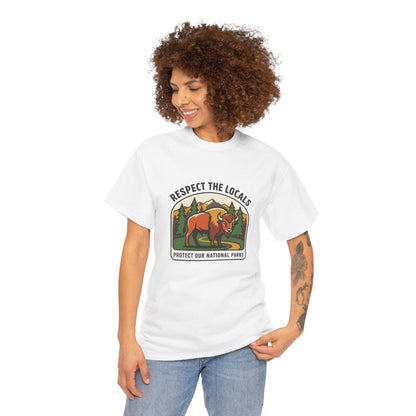 Respect the Locals Bison Patch T-Shirt by Printify featuring a bison patch design, perfect for hiking and camping souvenirs.