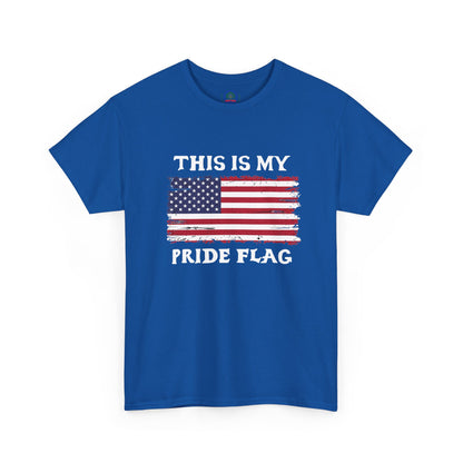 Unisex patriotic T-shirt with distressed American flag design and the text "This Is My Pride Flag" by Printify.