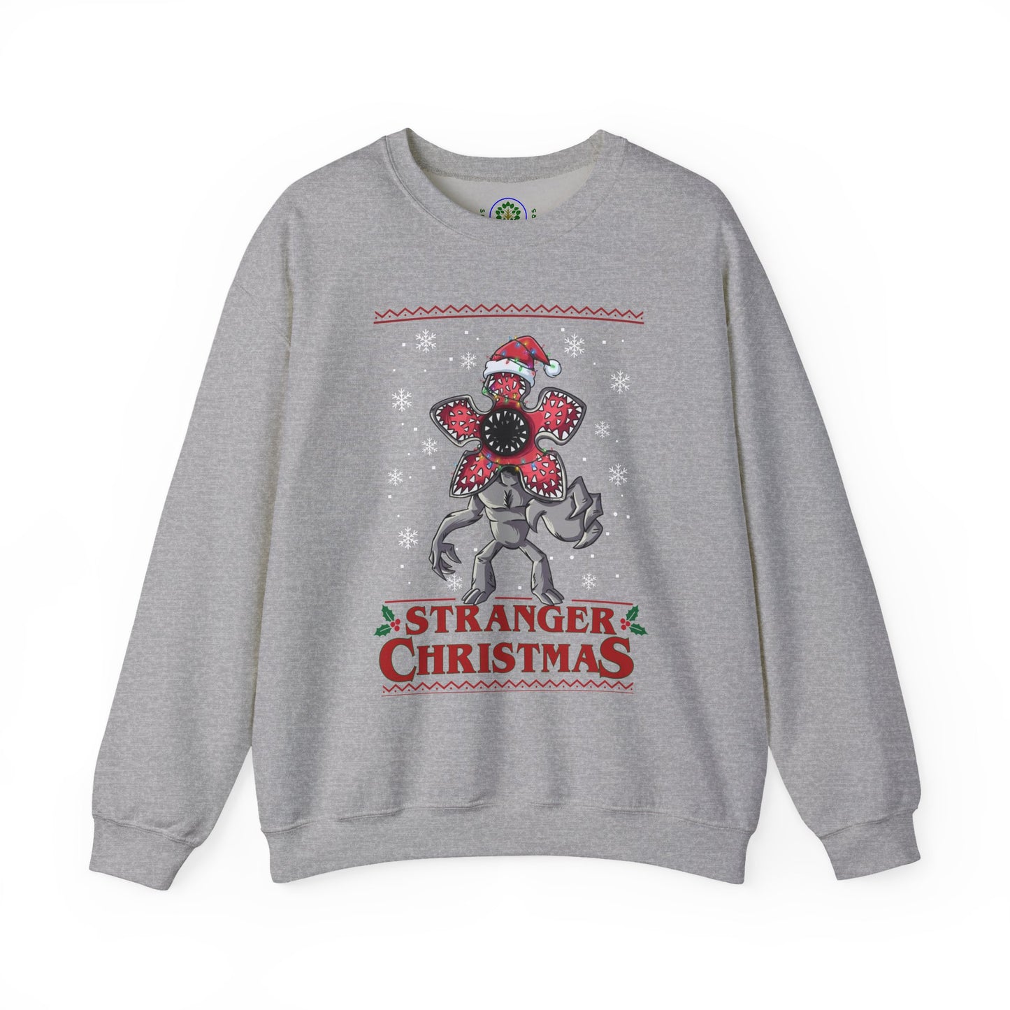 Stranger Christmas Crewneck Sweatshirt — Retro Holiday Stranger Things Demogorgon Design, Ugly Sweater