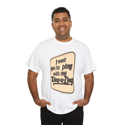 Retro graphic T-shirt featuring Chuck Berry’s "I Want You to Play with My Ding-a-Ling" slogan, printed on a Printify novelty tee.