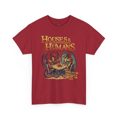 Houses and Humans Role-Playing T-Shirt with RPG and MTG graphics, casual geek gift tee, Printify brand, front view.