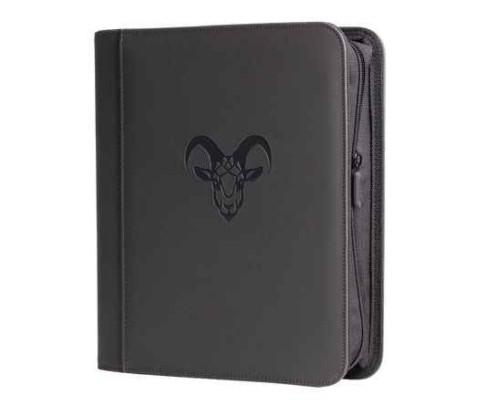 Black Goat Armor 4 Pocket TopLoader Binder standing upright with four transparent pockets for organizing documents.