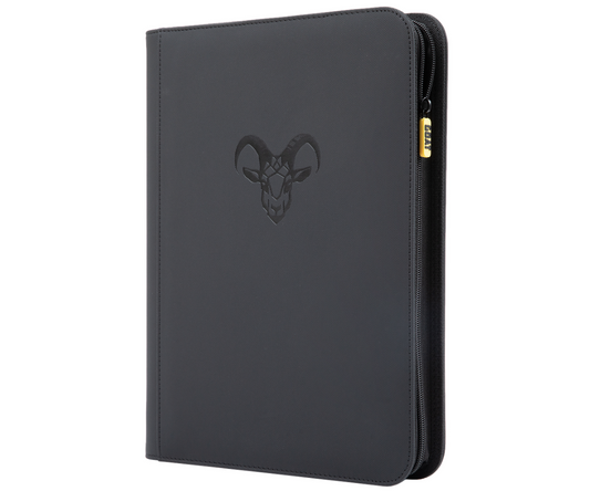 Goat Armor Stay Flat card binder standing at an angle, black simple design for organizing and protecting collectible cards.