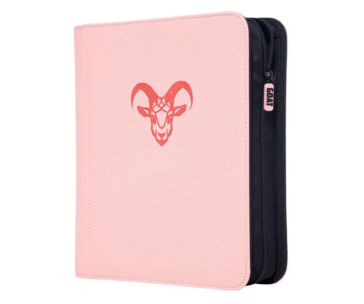 Goat Armor 4 Pocket TopLoader binder standing at an angle, showcasing its simple design and multiple pockets for organization.
