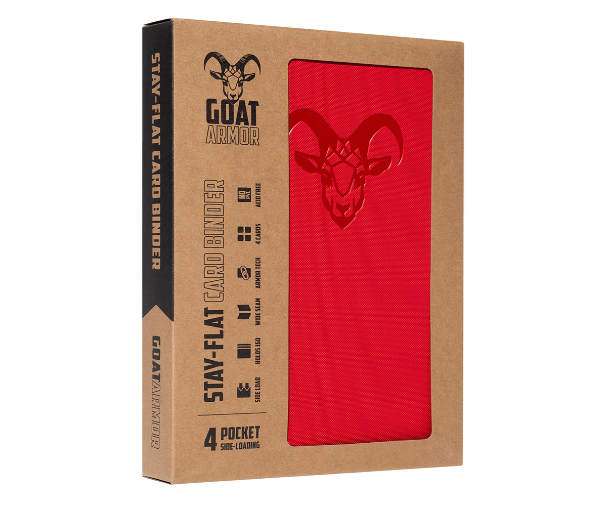 Red "Stay Flat" Card Binder by Goat Armor with front packaging, featuring multiple card slots and a simple, compact design.