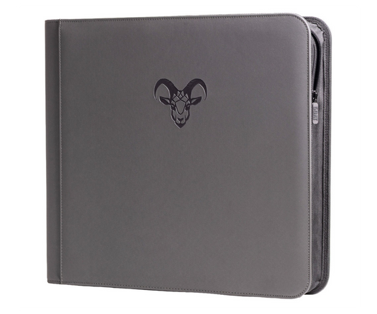 Goat Armor 12 Pocket TopLoader Binder with transparent pockets, standing angle view, ideal for organizing trading cards or collectibles.