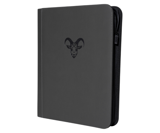 Goat Armor 9 Pocket TopLoader Binder standing at an angle, showing durable black cover and nine transparent plastic pockets for organizing cards.
