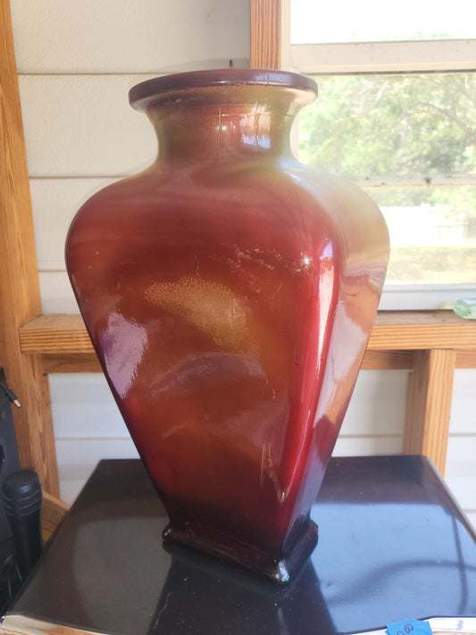 Vintage Glass Vase Mid-Century Modern Red with Bittersweet Orange Flame Glaze 16" Tall