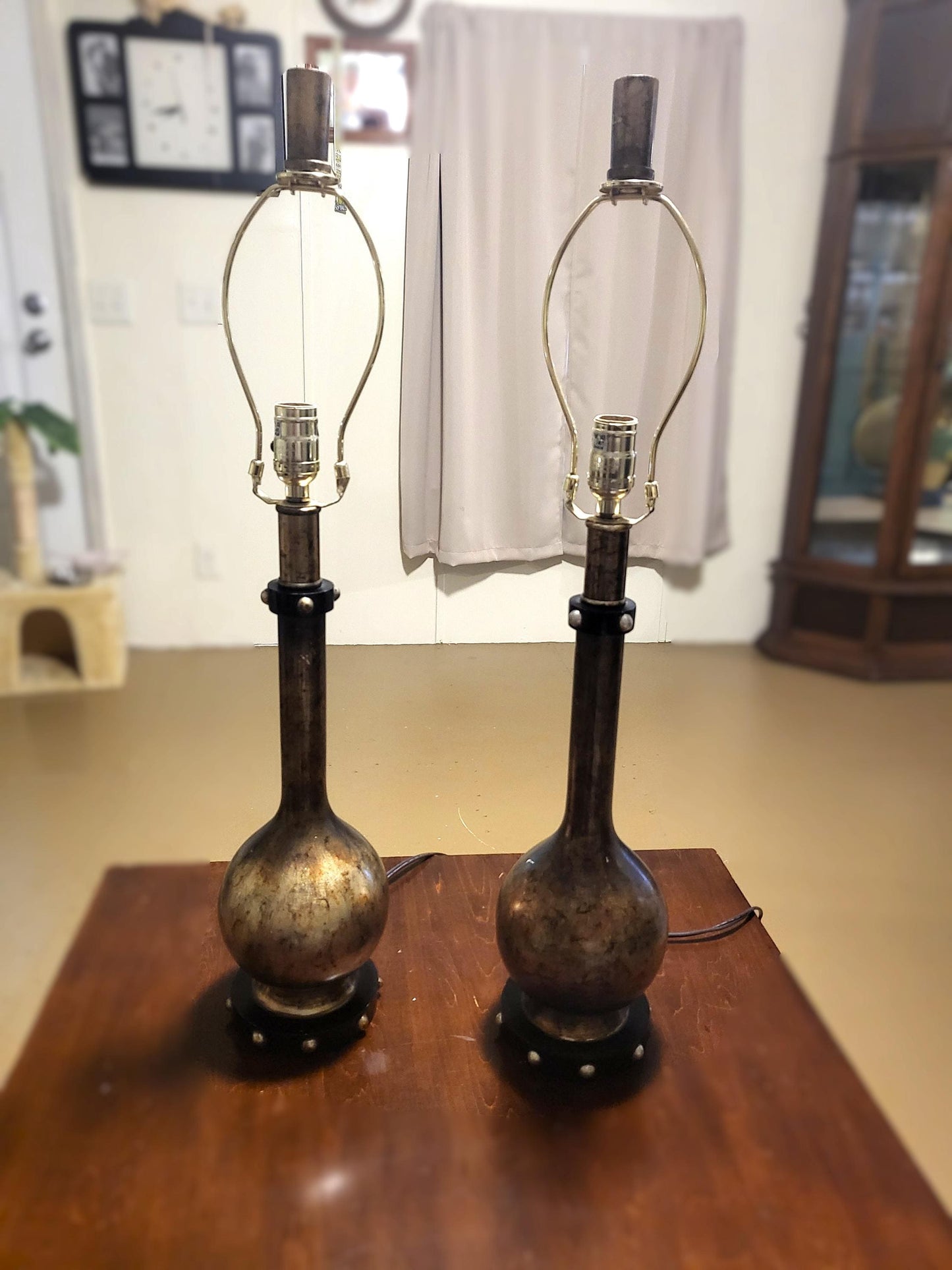 Vintage Mid Century Modern Brass Painted Wooden Table Lamps (pair)