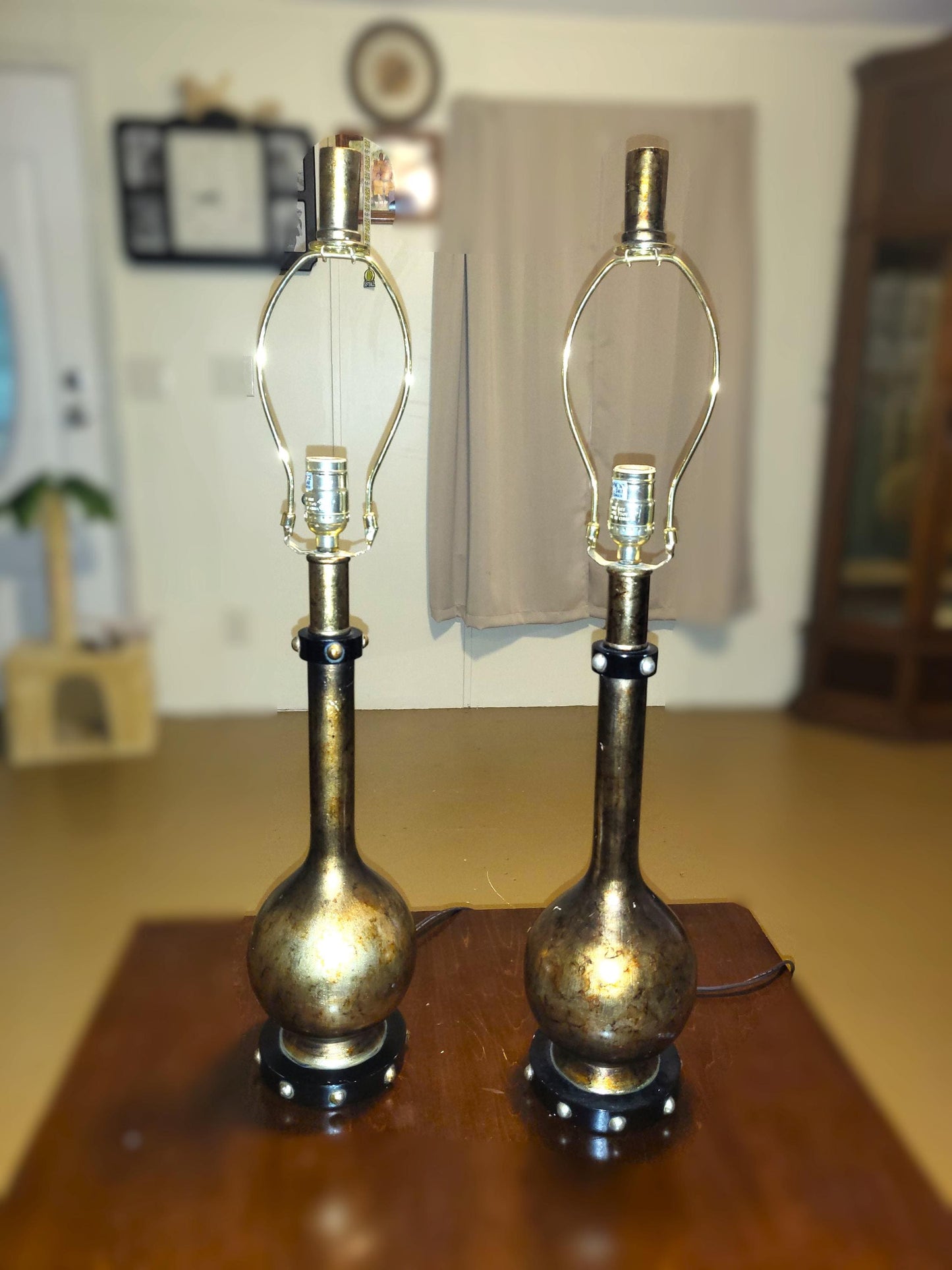 Vintage Mid Century Modern Brass Painted Wooden Table Lamps (pair)