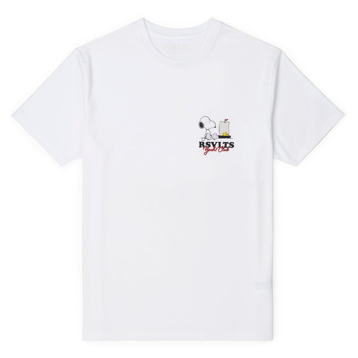 RSVLTS Peanuts sailboat crewneck T-shirt featuring Snoopy and Woodstock, casual crewneck design in XS size.