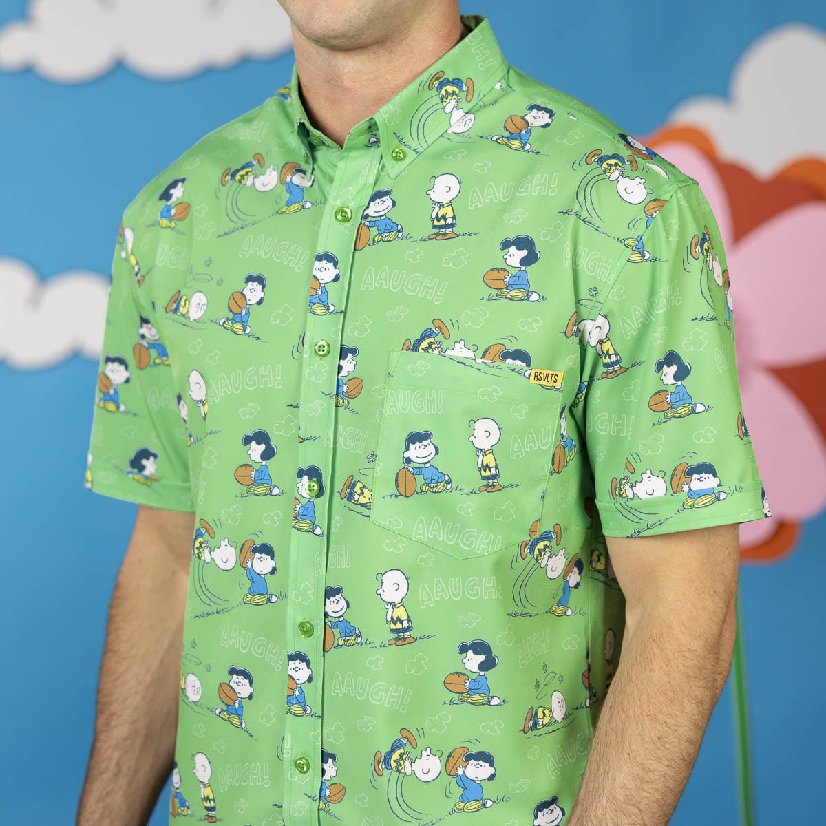 RSVLTS Peanuts "AAUGH!" KUNUFLEX short sleeve shirt featuring Peanuts comic strip design on a casual cotton shirt.