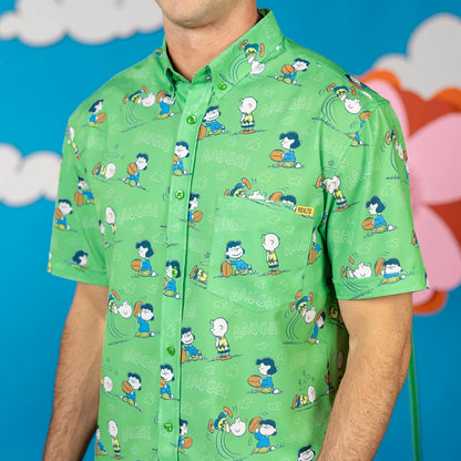 RSVLTS Peanuts "AAUGH!" KUNUFLEX short sleeve shirt featuring Peanuts comic strip design on a casual cotton shirt.