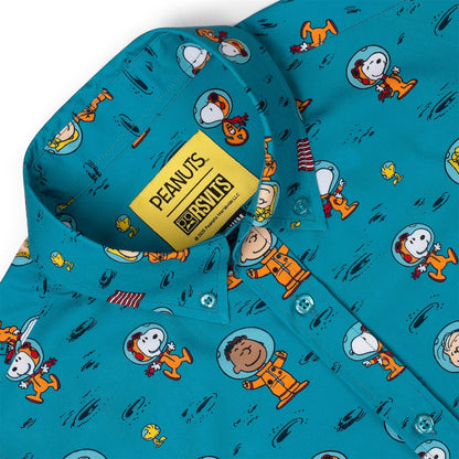 RSVLTS® Peanuts Astro 'Nuts' KUNUFLEX short sleeve shirt featuring Peanuts comic strip characters on a vibrant fabric.
