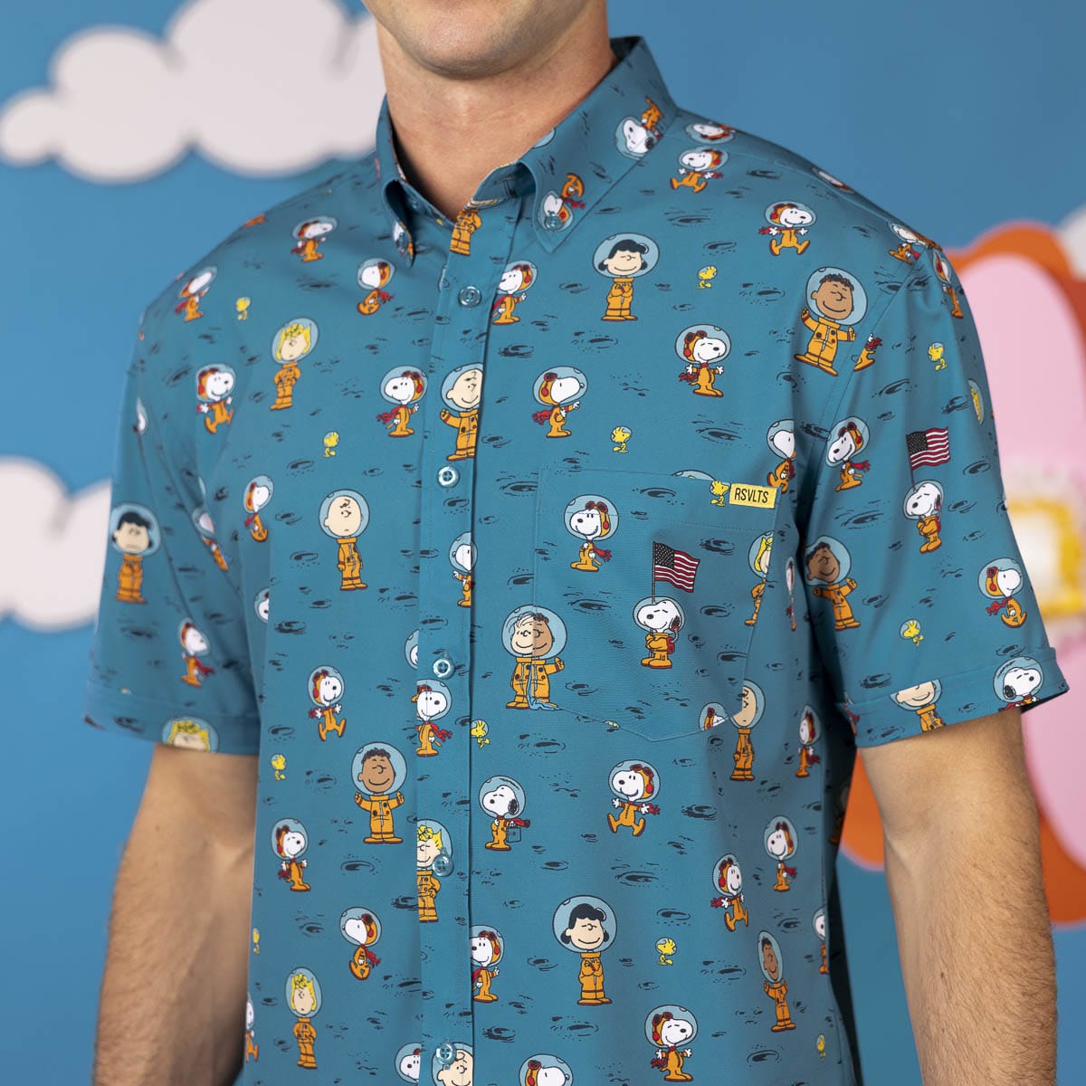 RSVLTS Peanuts Astro 'Nuts' short sleeve shirt featuring Peanuts comic character print on comfortable Kunuflex fabric.