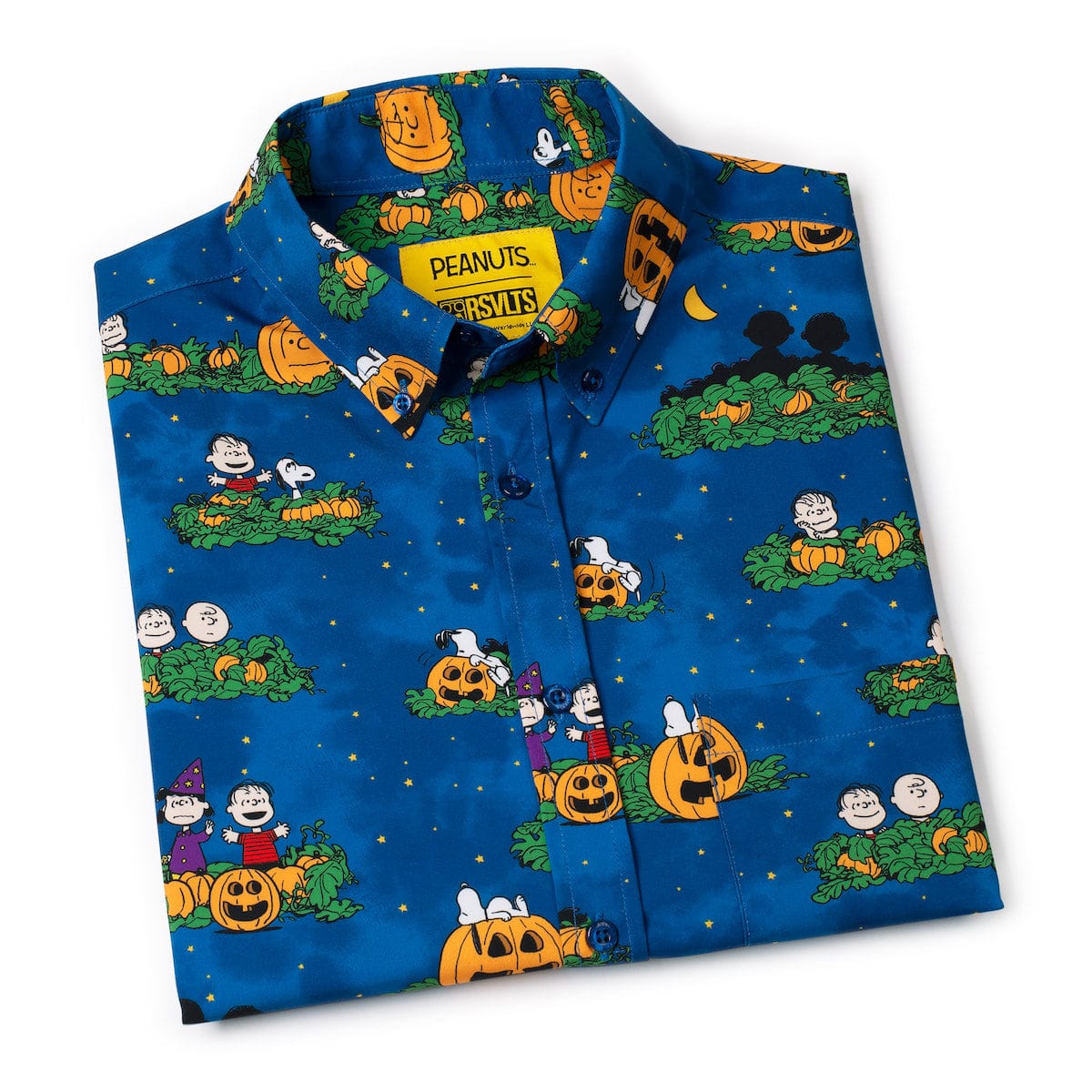 RSVLTS® Peanuts "It's the Great Pumpkin!" KUNUFLEX short sleeve shirt featuring classic Peanuts pumpkin character and festive fall design.