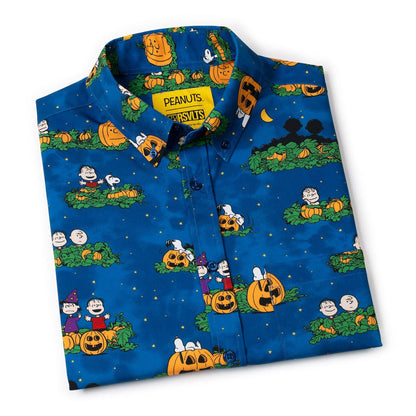 RSVLTS® Peanuts "It's the Great Pumpkin!" KUNUFLEX short sleeve shirt featuring classic Peanuts pumpkin character and festive fall design.
