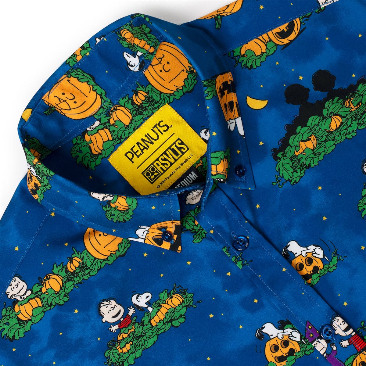 RSVLTS® Peanuts "It's the Great Pumpkin" short sleeve shirt featuring festive pumpkin and Peanuts characters on a vibrant fabric.
