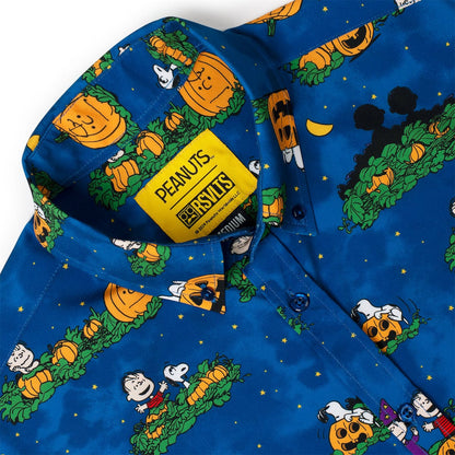 RSVLTS® Peanuts "It's the Great Pumpkin" short sleeve shirt featuring festive pumpkin and Peanuts characters on a vibrant fabric.