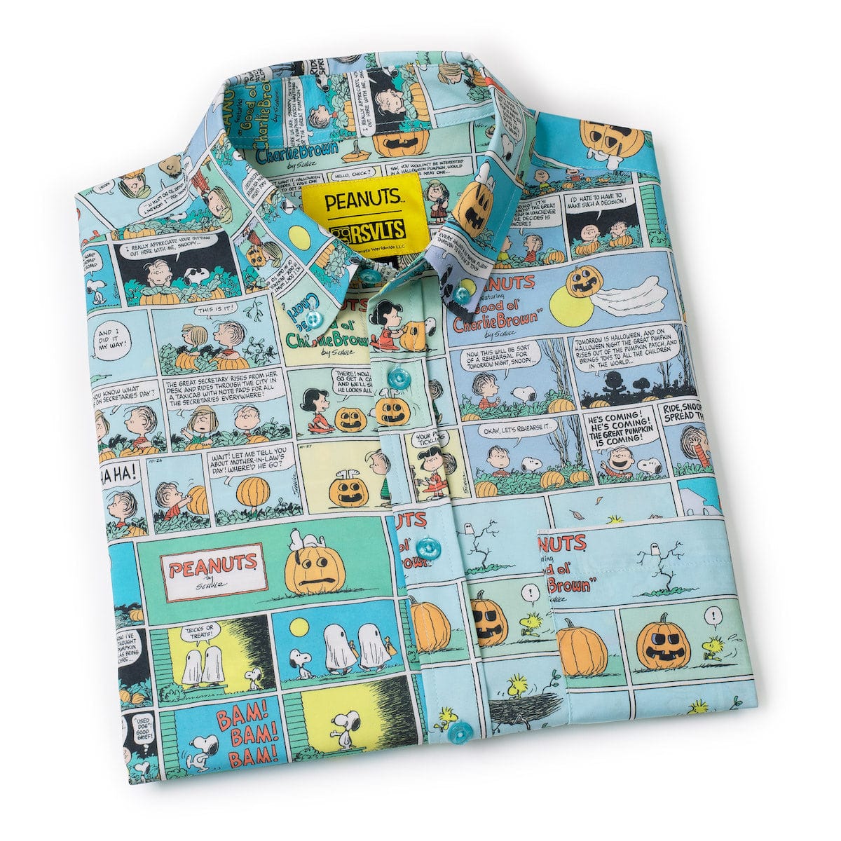 RSVLTS Peanuts Spooky Strips short sleeve shirt featuring Peanuts comic strip design on black fabric.