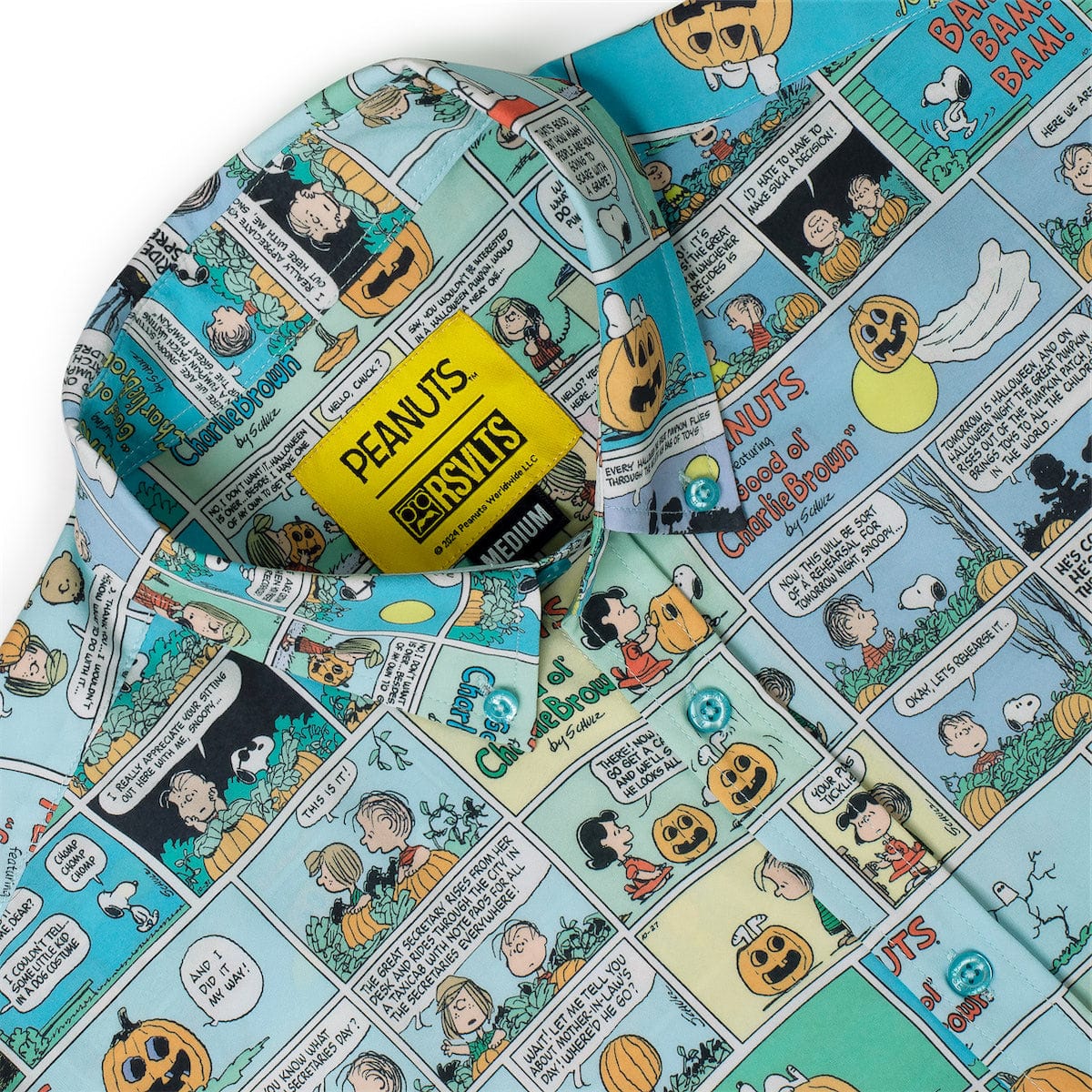 RSVLTS Peanuts Spooky Strips short sleeve shirt featuring Peanuts cartoon characters on a colorful KUNUFLEX fabric.