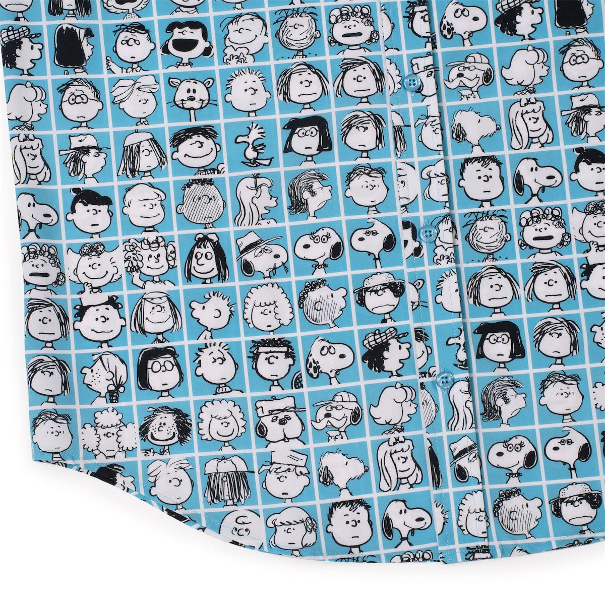 RSVLTS® Peanuts "The Peanut Gallery" KUNUFLEX short sleeve shirt featuring colorful peanut character graphics on a blue background.