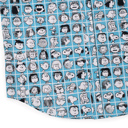 RSVLTS® Peanuts "The Peanut Gallery" KUNUFLEX short sleeve shirt featuring colorful peanut character graphics on a blue background.