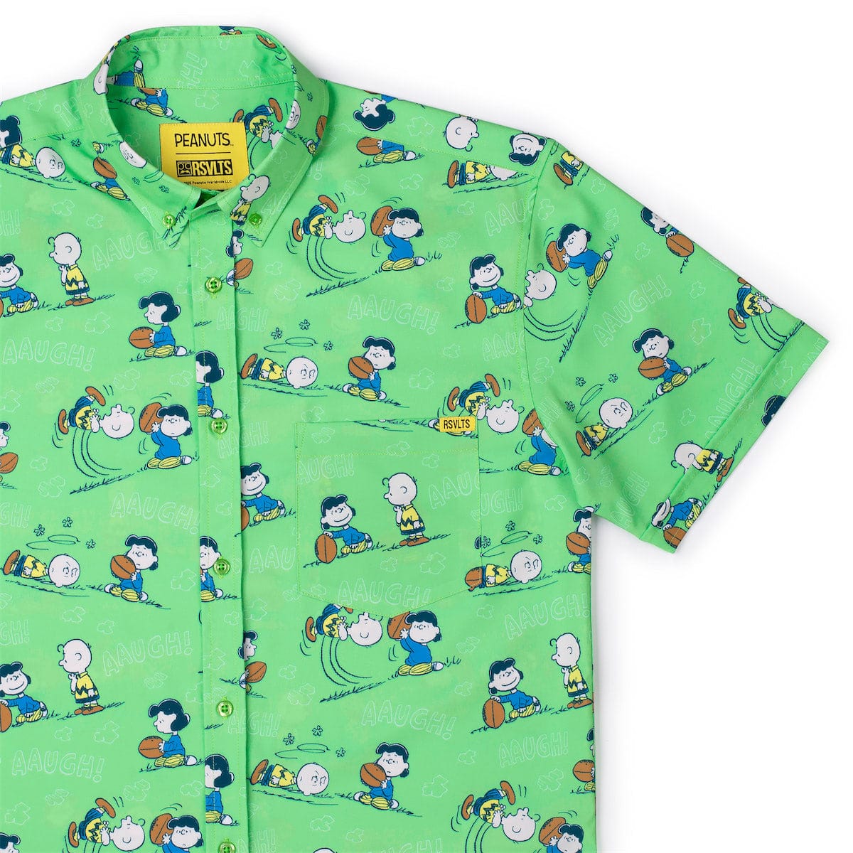 RSVLTS Peanuts "AAUGH!" short sleeve shirt featuring classic Peanuts comic strip design in vibrant colors.